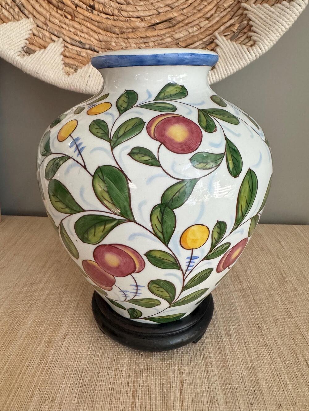 Vintage Italian Hand-Painted Ceramic Fruit Vase with Wood Stand 9"